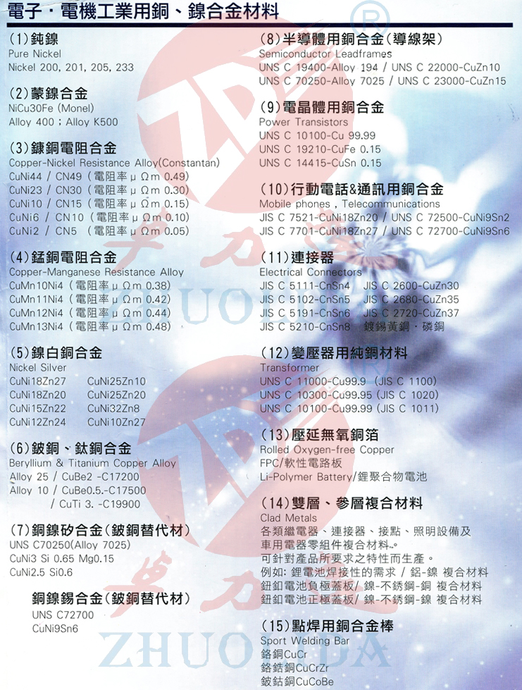 電子，電機(jī)工業(yè)用銅，鎳合金材料表